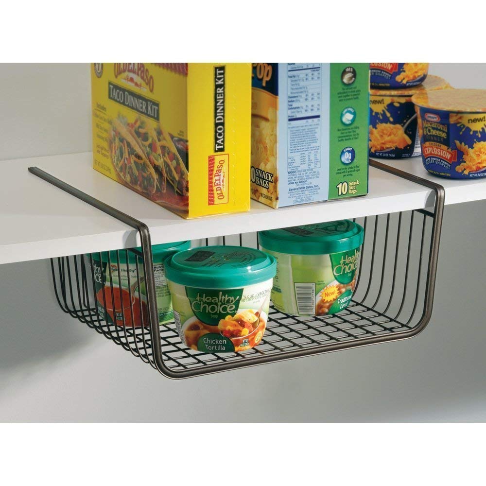 Basket hooked under a kitchen shelf