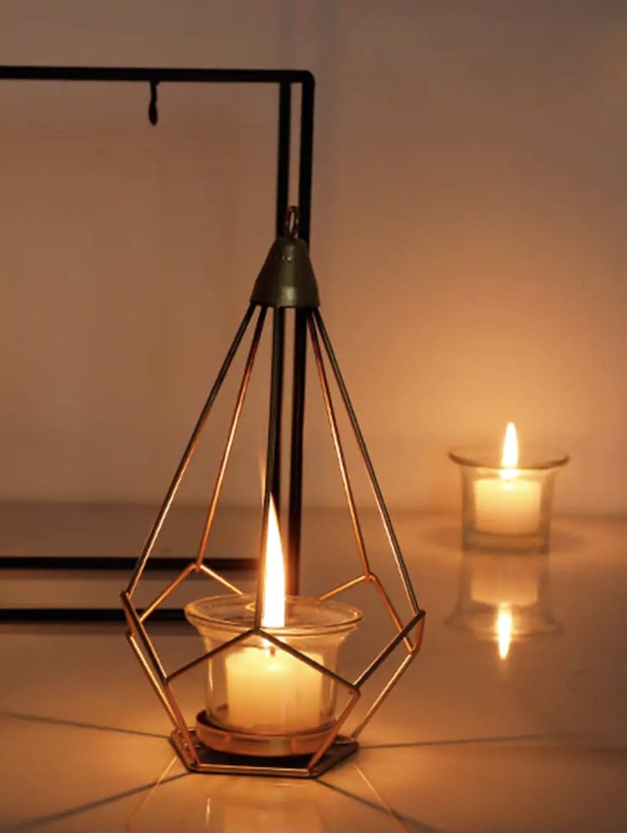 Geometric candle holder lit with a tealight