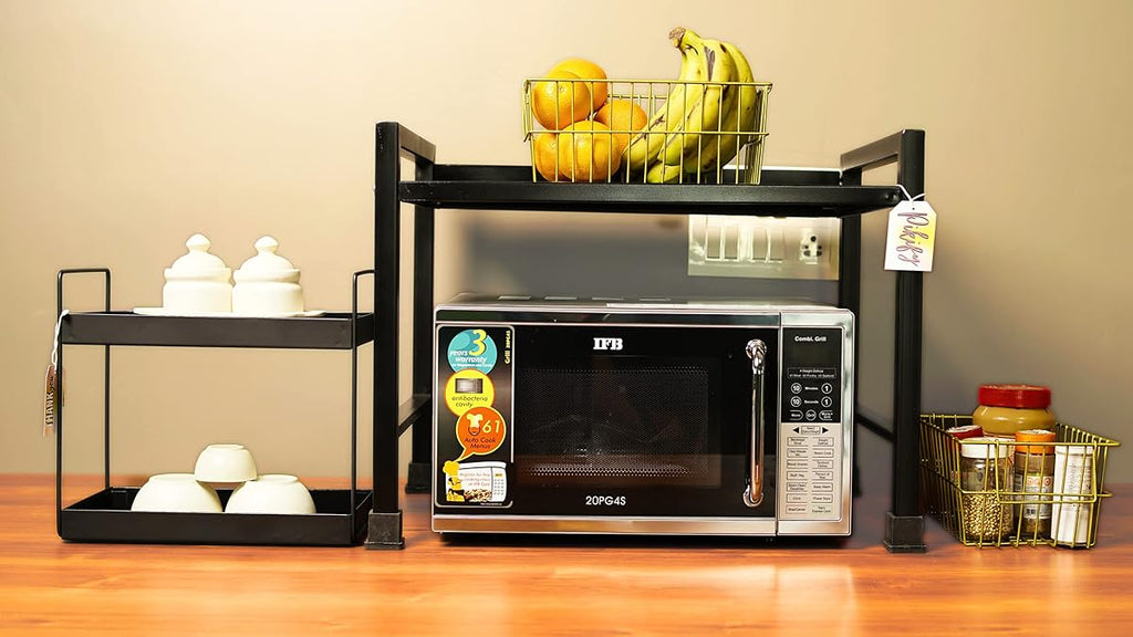 Rack holding a microwave and kitchen items