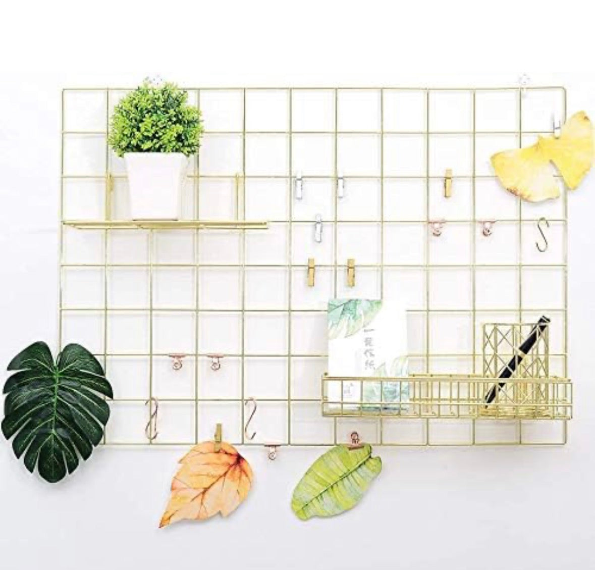 Steel Grid Photo Frame combo with basket & tray— 45 × 65 cm, Gold