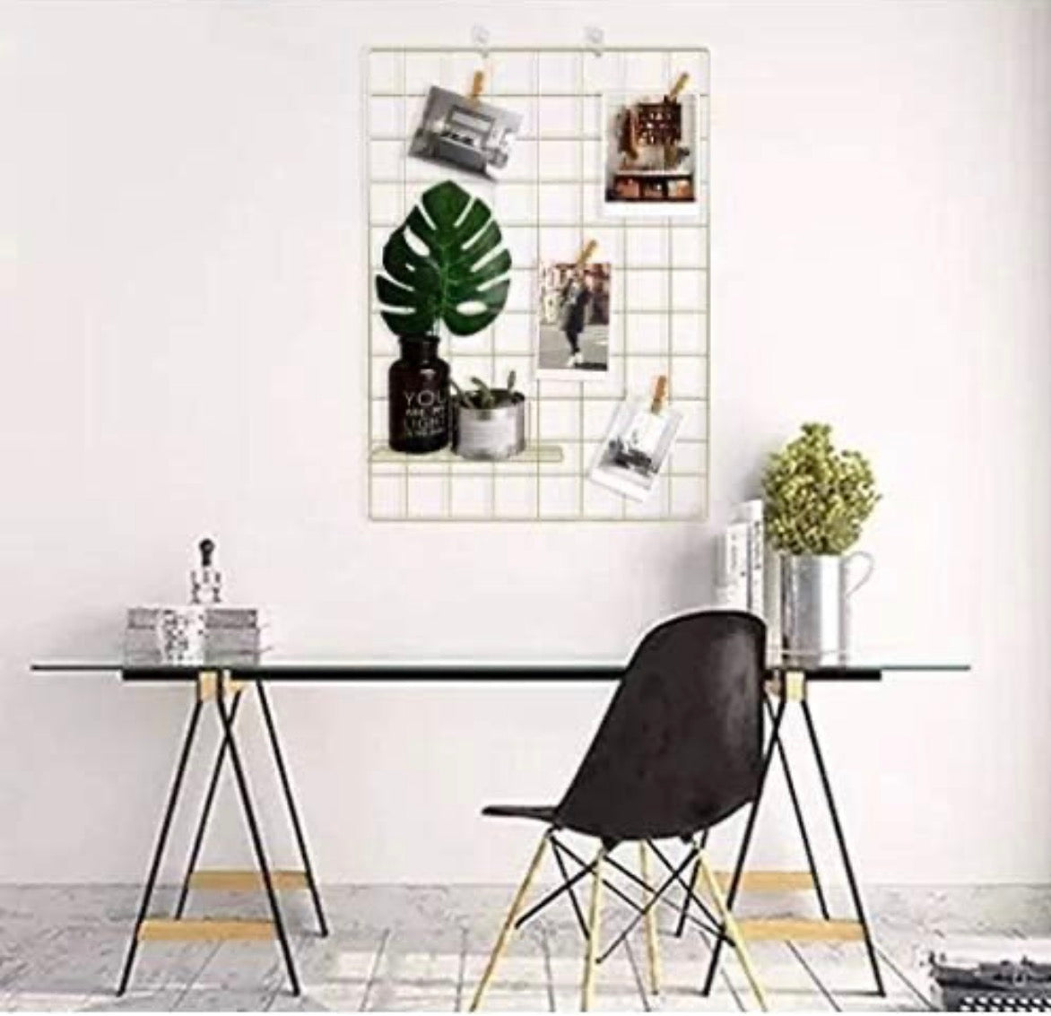 Steel Grid Photo Frame combo with basket & tray— 45 × 65 cm, Gold