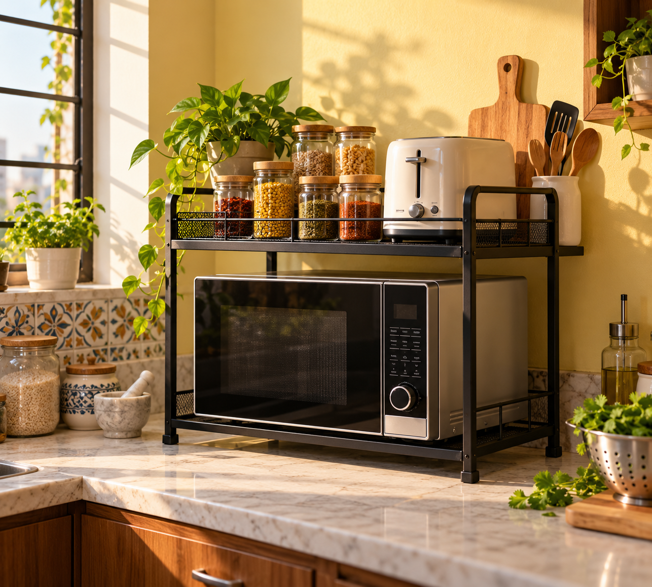 A black two-tier Pikify kitchen rack holding a microwave, toaster and spice jars in a bright kitchen